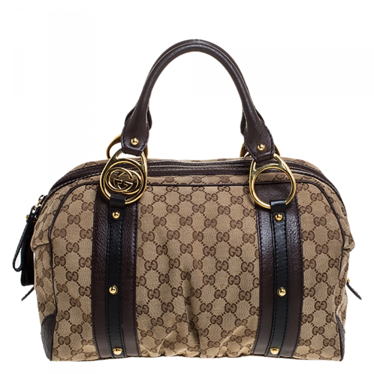 Pre Owned Gucci Beige/Brown GG Canvas and Leather Interlocking Boston Bag