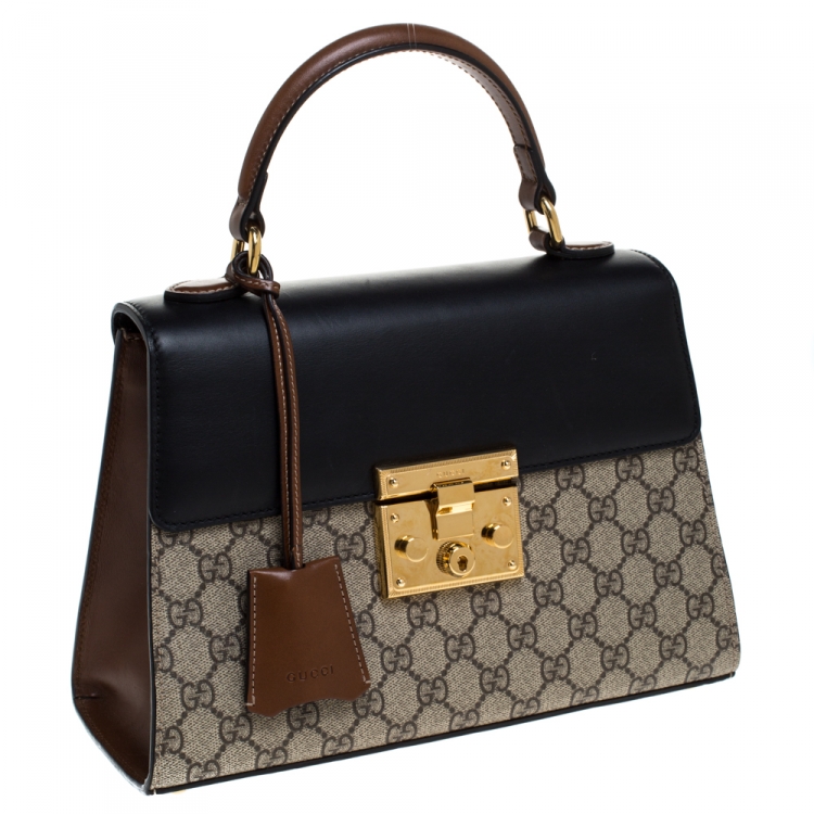 مملوكة مسبقًا Gucci  Black/Brown GG Supreme Canvas and Leather Small Padlock Top Handle Bag