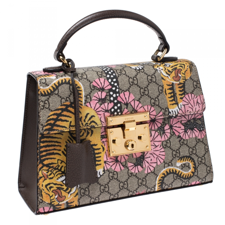 Pre Owned Gucci Beige/Brown GG Supreme Canvas and Leather Bengal Padlock Top Handle Bag     