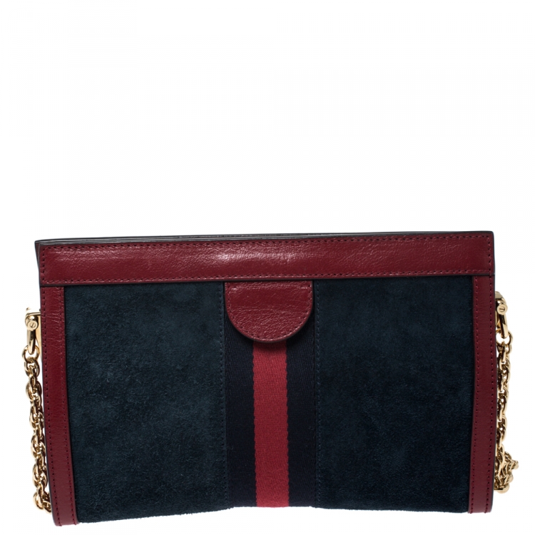 Pre Owned Gucci Navy Blue/Red Suede and Leather Ophidia Shoulder Bag
