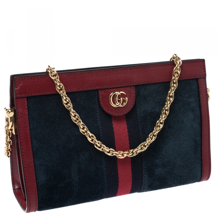 Pre Owned Gucci Navy Blue/Red Suede and Leather Ophidia Shoulder Bag