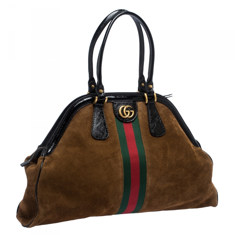Pre Owned Gucci Brown Suede and Patent Leather Large Web Re(Belle) Bag