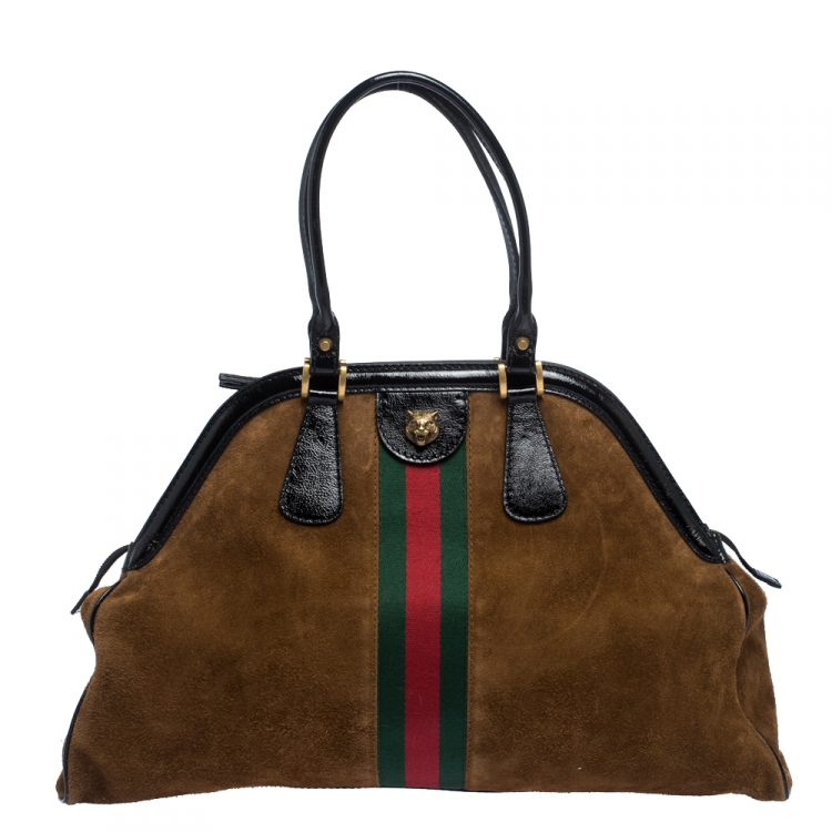 Pre Owned Gucci Brown Suede and Patent Leather Large Web Re(Belle) Bag