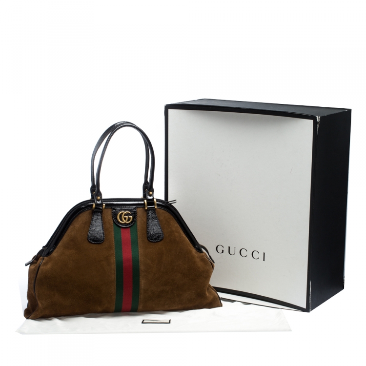 Pre Owned Gucci Brown Suede and Patent Leather Large Web Re(Belle) Bag