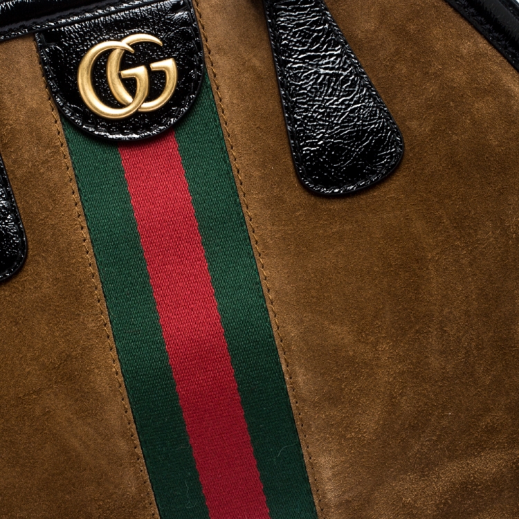 Pre Owned Gucci Brown Suede and Patent Leather Large Web Re(Belle) Bag