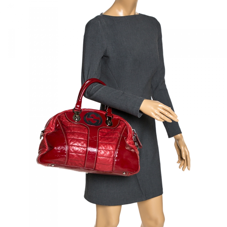 Pre Owned Gucci Red Leather Interlocking GG Satchel  