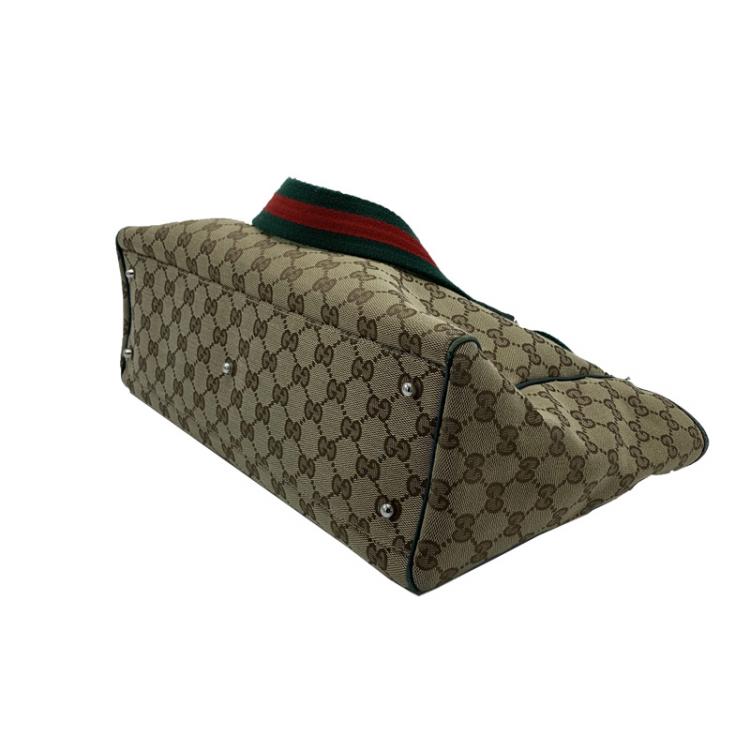 Pre Owned Gucci Beige/Green GG Canvas and Leather Shopper Tote