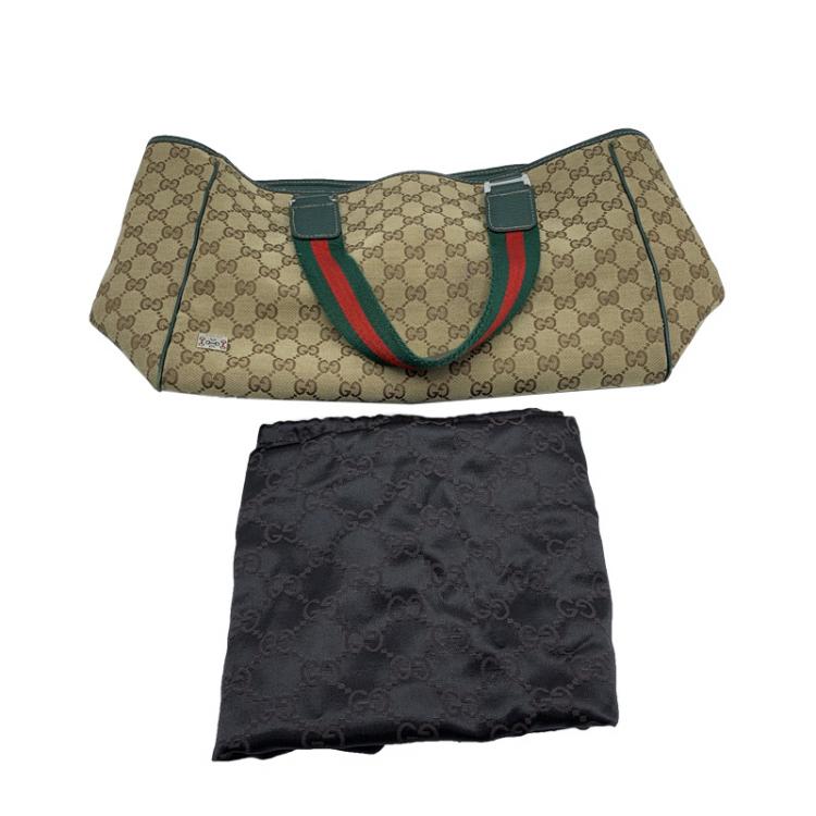Pre Owned Gucci Beige/Green GG Canvas and Leather Shopper Tote