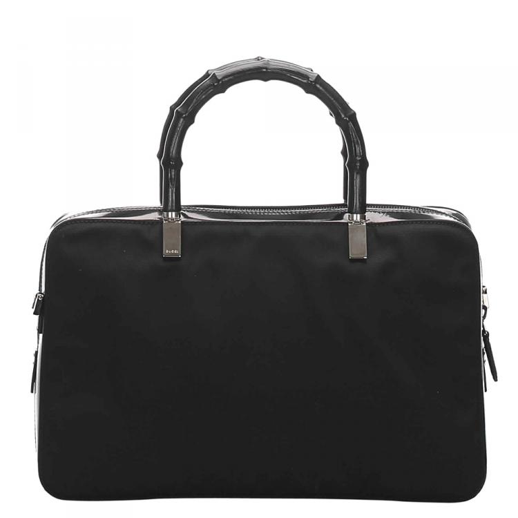 Pre Owned Gucci Black Canvas Bamboo Top Handle Satchel Bag