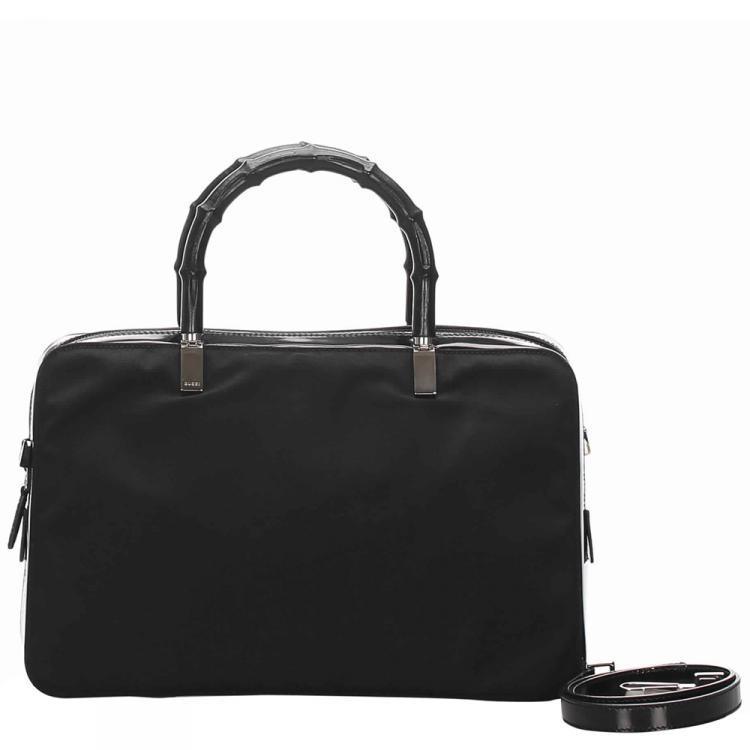 Pre Owned Gucci Black Canvas Bamboo Top Handle Satchel Bag