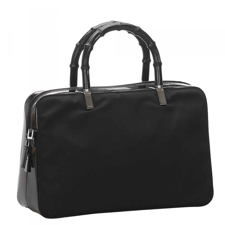 Pre Owned Gucci Black Canvas Bamboo Top Handle Satchel Bag