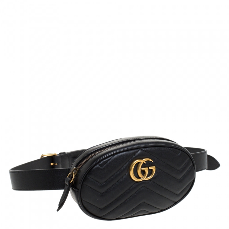 Pre Owned Gucci Black Matelasse Leather GG Marmont Belt Bag