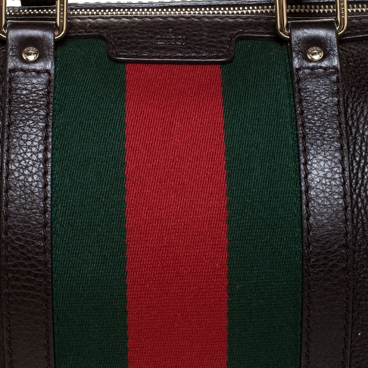 Pre Owned Gucci Dark Brown Leather Medium Vintage Web Boston Bag