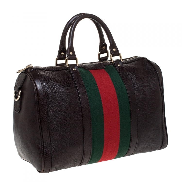 Pre Owned Gucci Dark Brown Leather Medium Vintage Web Boston Bag