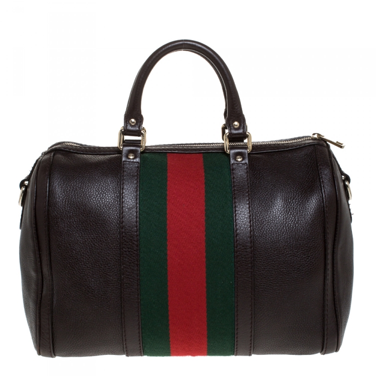 Pre Owned Gucci Dark Brown Leather Medium Vintage Web Boston Bag