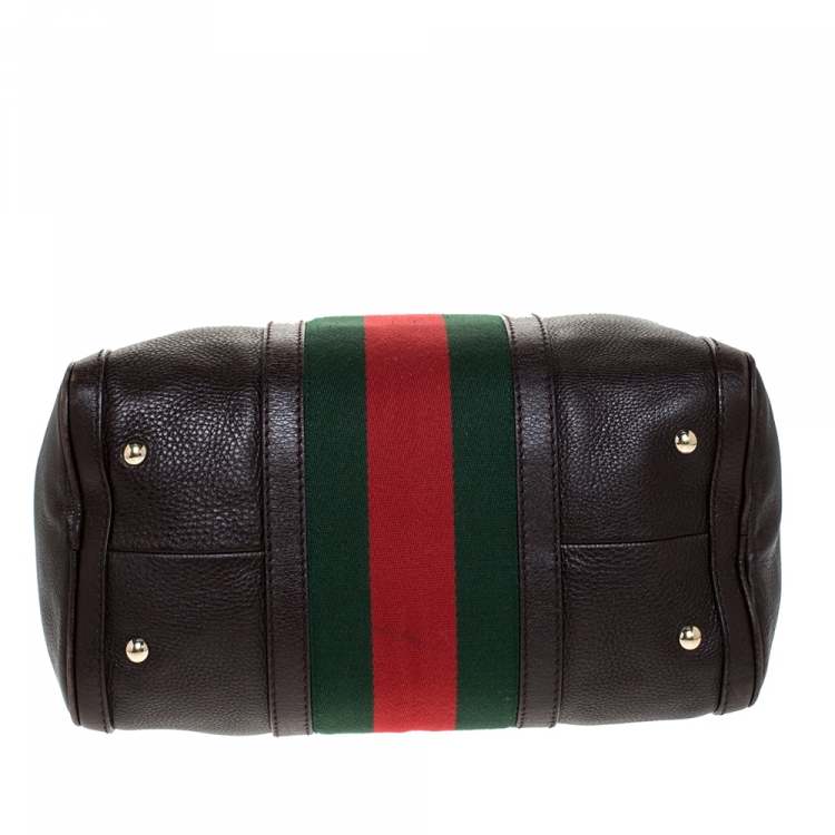 Pre Owned Gucci Dark Brown Leather Medium Vintage Web Boston Bag