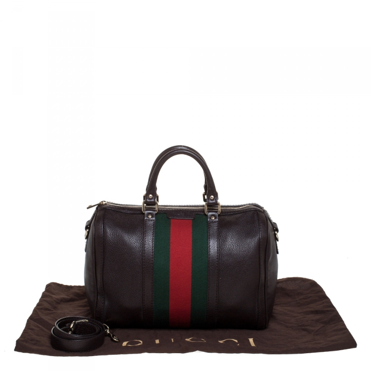 Pre Owned Gucci Dark Brown Leather Medium Vintage Web Boston Bag