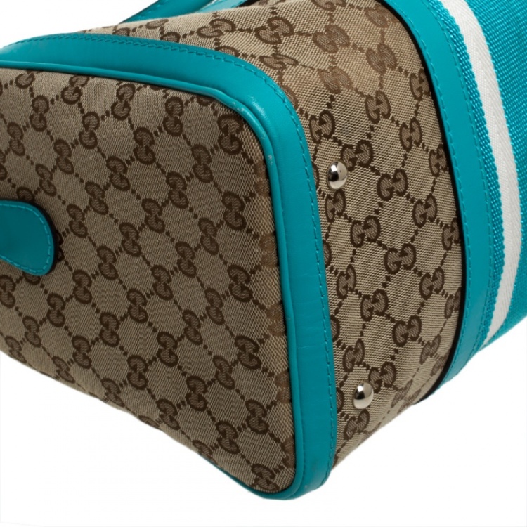 Pre Owned Gucci Beige/Blue GG Canvas and Leather Medium Vintage Web Boston Bag