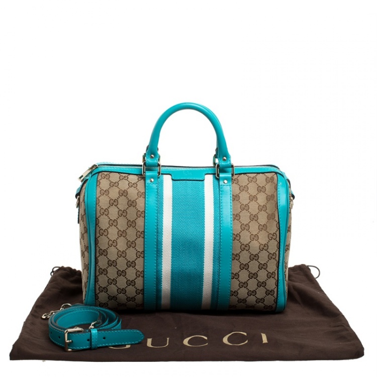 Pre Owned Gucci Beige/Blue GG Canvas and Leather Medium Vintage Web Boston Bag