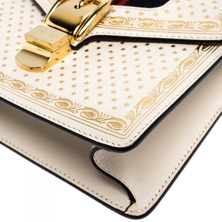 Pre Owned Gucci Cream Star Print Leather Mini Sylvie Top Handle Bag