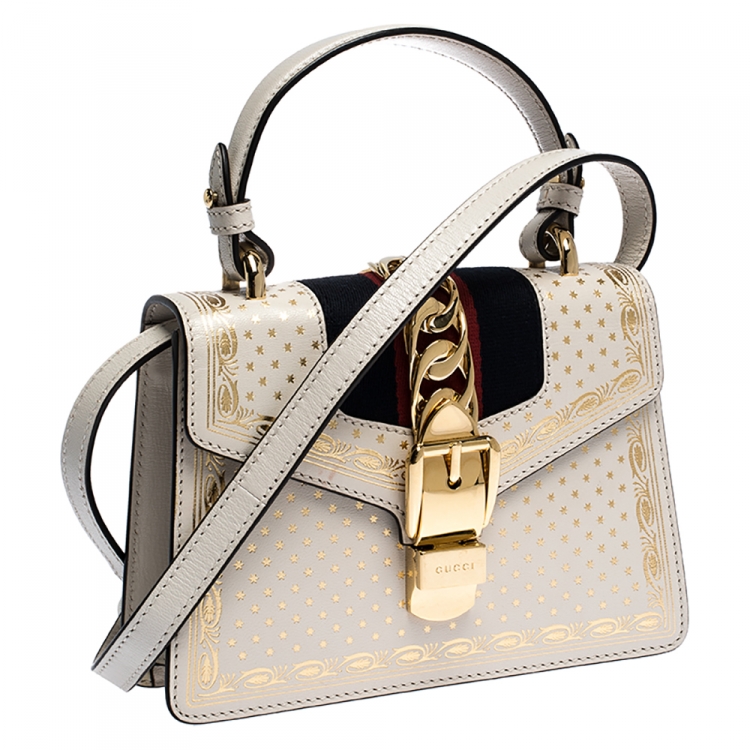 Pre Owned Gucci Cream Star Print Leather Mini Sylvie Top Handle Bag
