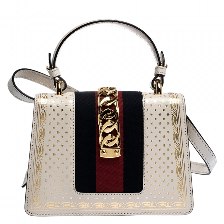 Pre Owned Gucci Cream Star Print Leather Mini Sylvie Top Handle Bag
