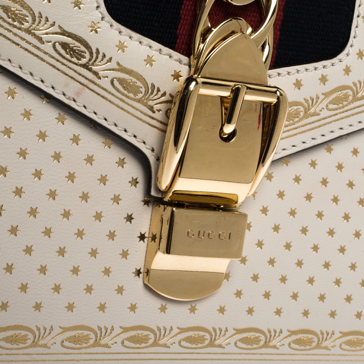 Pre Owned Gucci Cream Star Print Leather Mini Sylvie Top Handle Bag