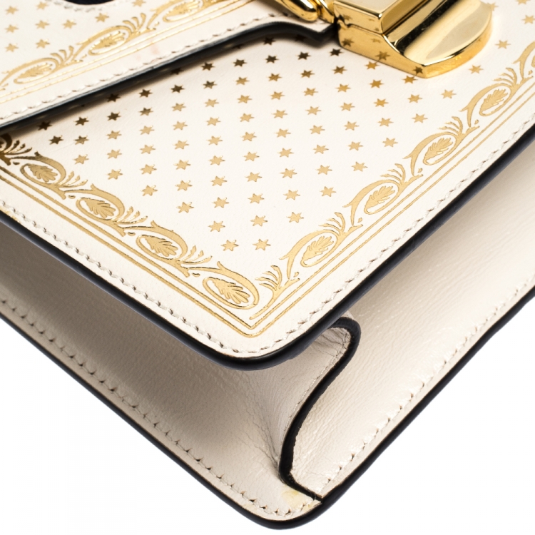 Pre Owned Gucci Cream Star Print Leather Mini Sylvie Top Handle Bag