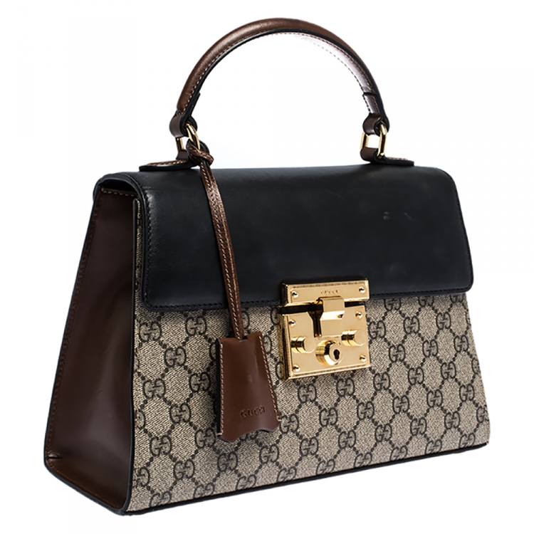 Pre Owned Gucci  Beige/Black GG Supreme Canvas and Leather Small Padlock Top Handle Bag