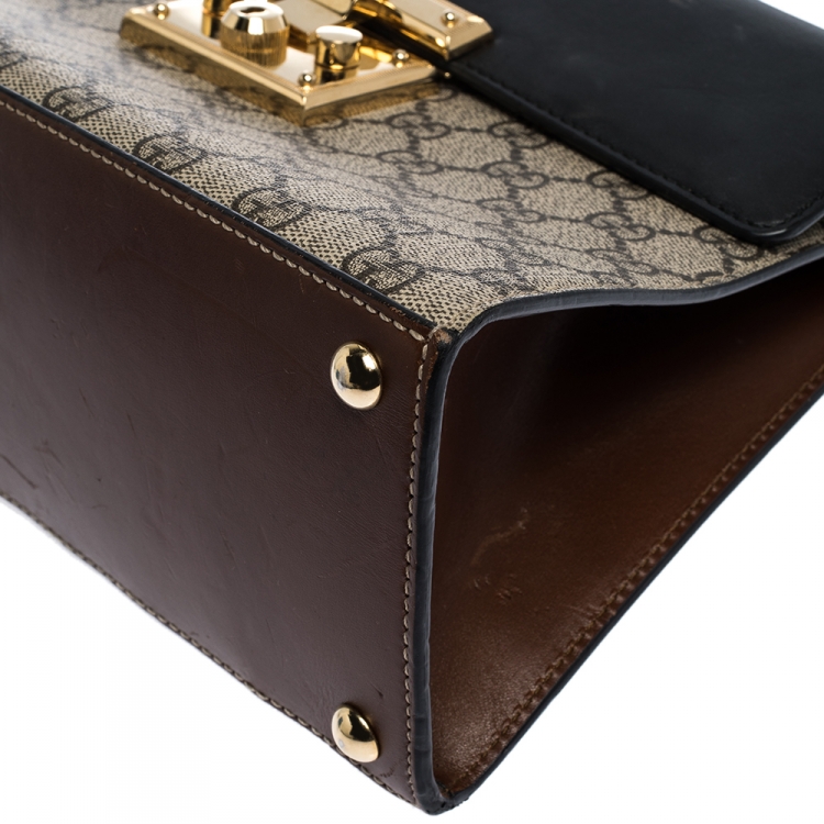 Pre Owned Gucci  Beige/Black GG Supreme Canvas and Leather Small Padlock Top Handle Bag