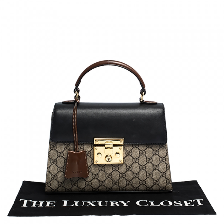 Pre Owned Gucci  Beige/Black GG Supreme Canvas and Leather Small Padlock Top Handle Bag