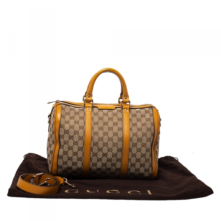 Pre Owned Gucci Beige/Yellow GG Canvas and Leather Medium Boston Bag