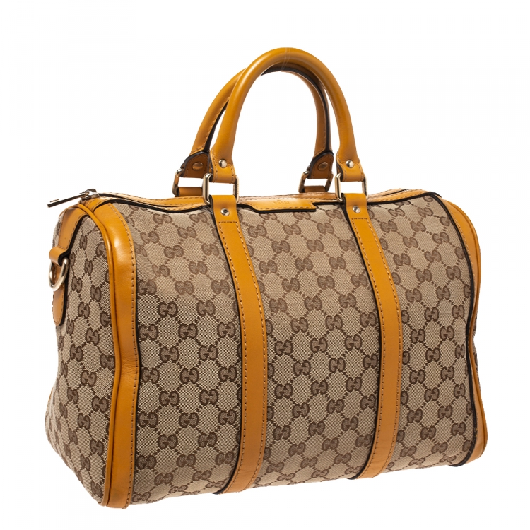 Pre Owned Gucci Beige/Yellow GG Canvas and Leather Medium Boston Bag