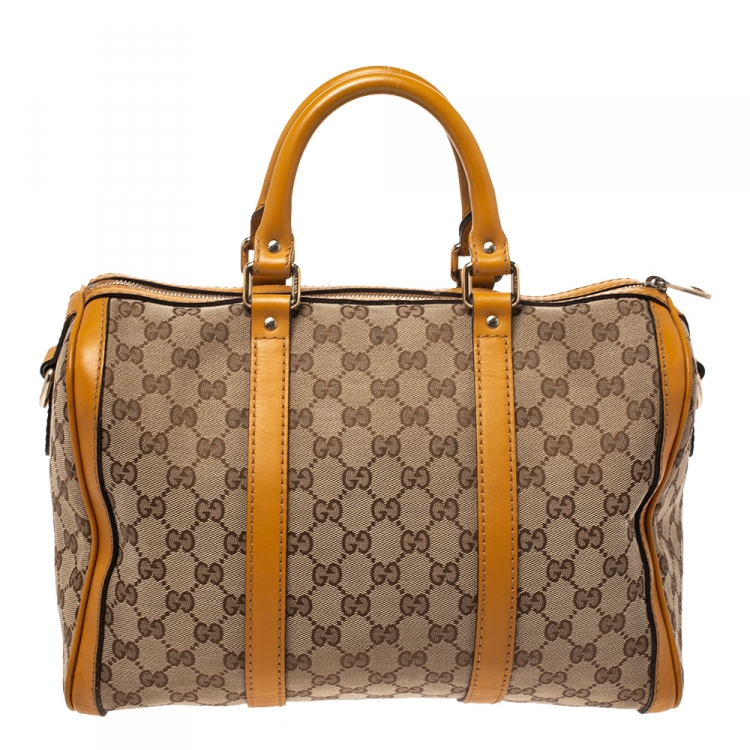 Pre Owned Gucci Beige/Yellow GG Canvas and Leather Medium Boston Bag