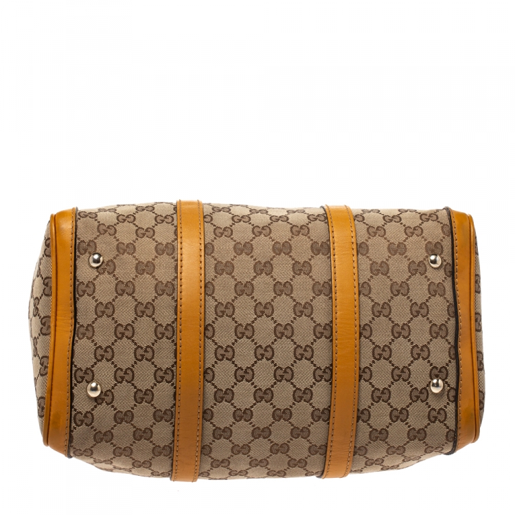 Pre Owned Gucci Beige/Yellow GG Canvas and Leather Medium Boston Bag