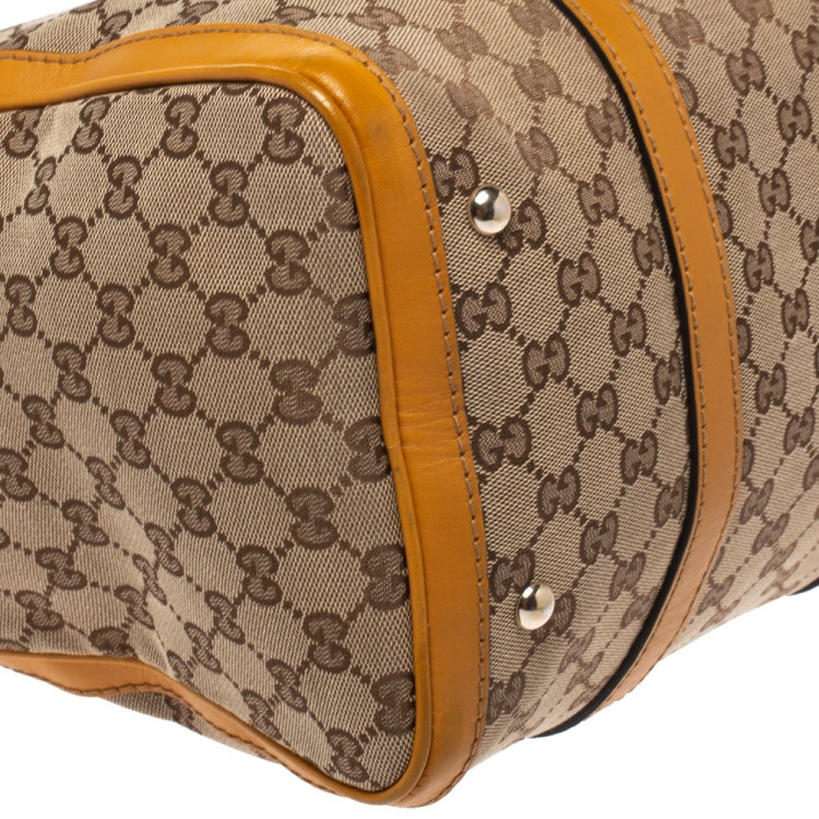 Pre Owned Gucci Beige/Yellow GG Canvas and Leather Medium Boston Bag