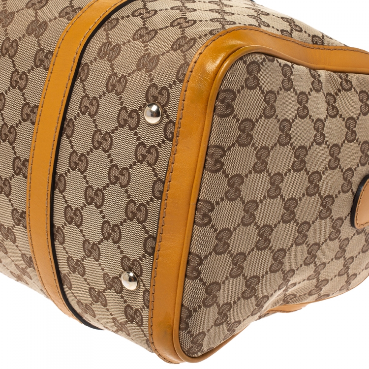 Pre Owned Gucci Beige/Yellow GG Canvas and Leather Medium Boston Bag