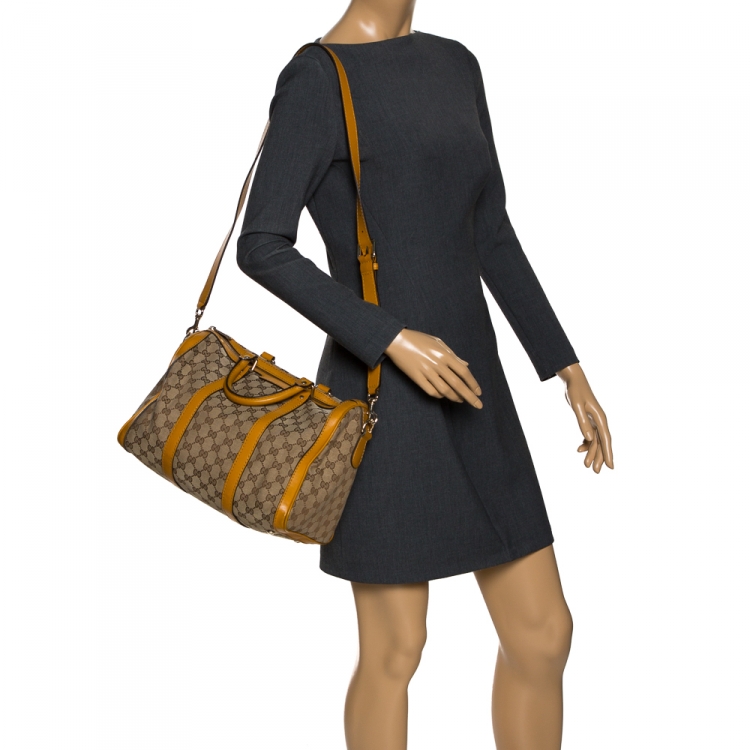 Pre Owned Gucci Beige/Yellow GG Canvas and Leather Medium Boston Bag