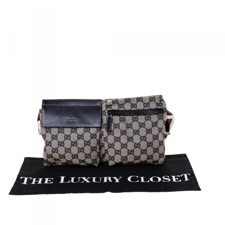 Pre Owned Gucci Navy Blue GG Canvas Web Shelley Belt Bag