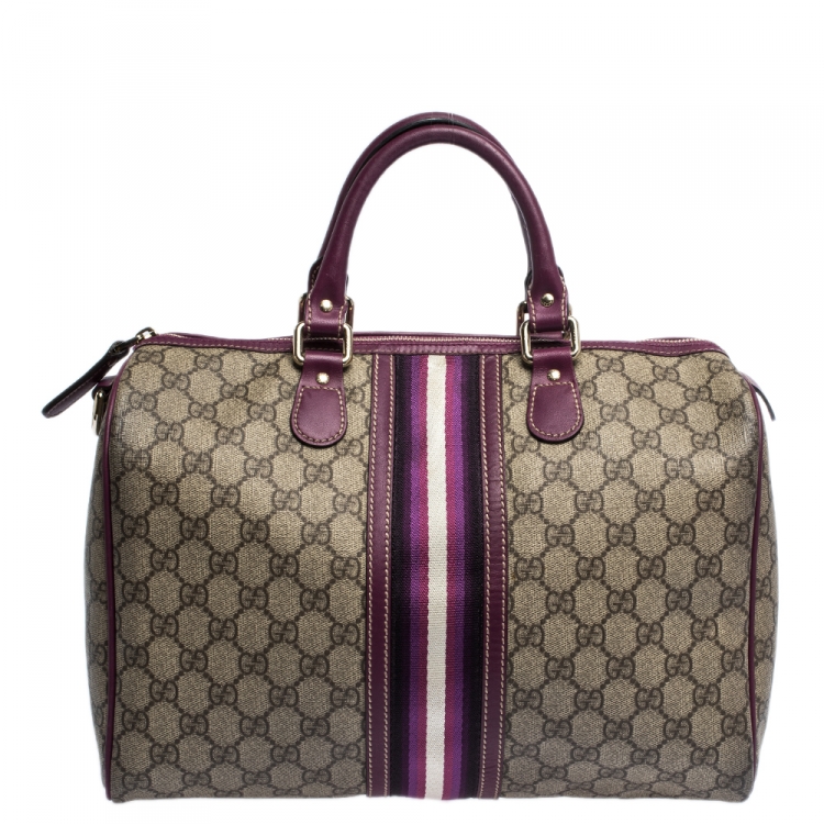 Pre Owned Gucci Beige/Purple GG Coated Canvas Medium Limited Edition Joy Web Boston Bag