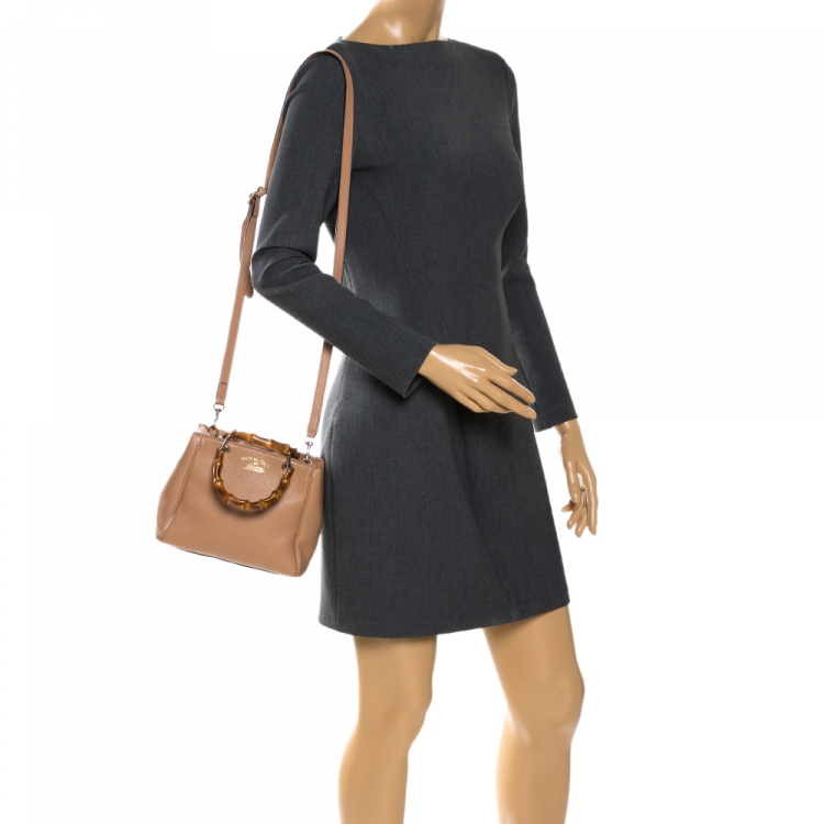 Pre Owned Gucci Beige Leather Mini Bamboo Top Handle Bag
