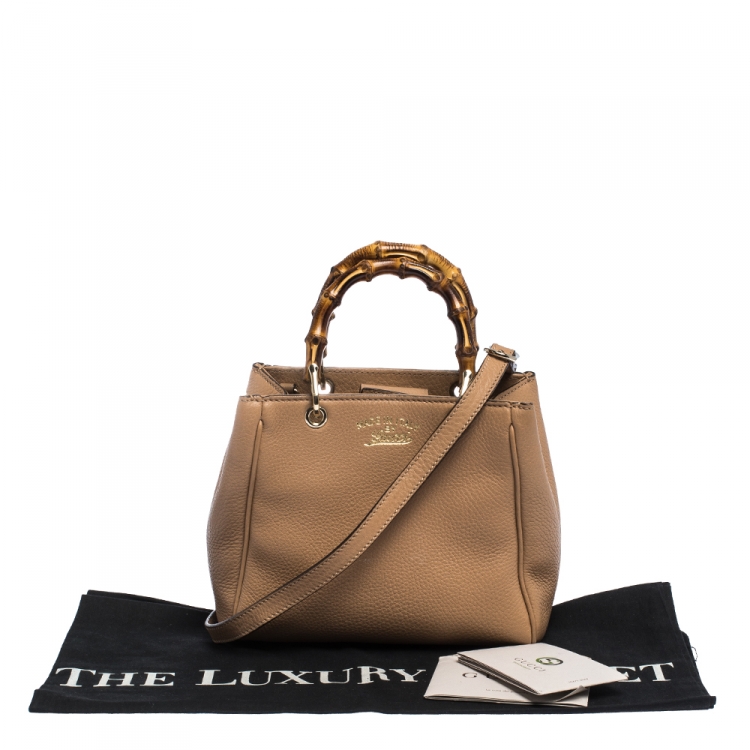 Pre Owned Gucci Beige Leather Mini Bamboo Top Handle Bag