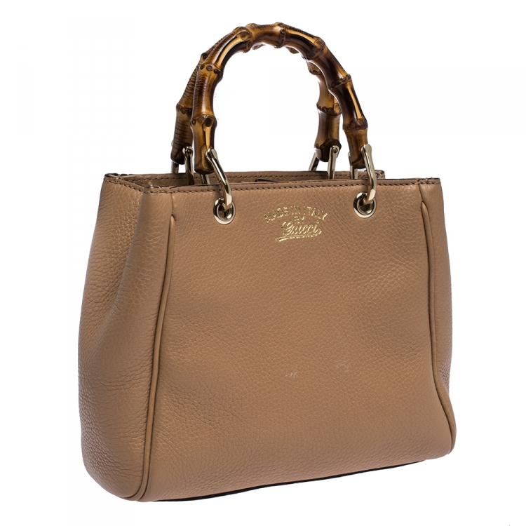 Pre Owned Gucci Beige Leather Mini Bamboo Top Handle Bag