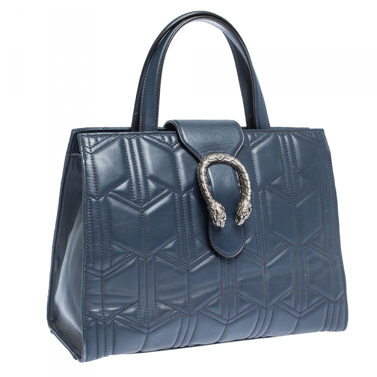 Pre Owned Gucci Navy Blue Matelassé Leather For Ounass Dionysus Tote