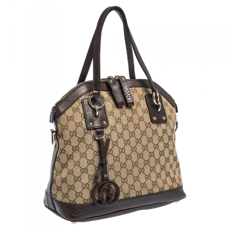 Pre Owned Gucci Beige/Brown GG Canvas and Leather Charm Satchel