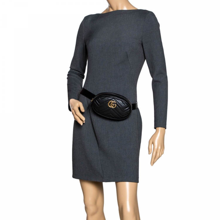 Pre Owned Gucci Black Matelasse Leather GG Marmont Belt Bag