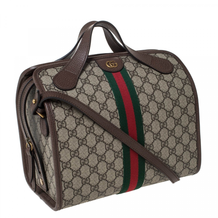 Pre Owned Gucci Brown/Beige GG Supreme Canvas and Leather Ophidia Duffel Bag