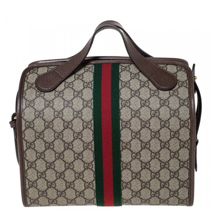 Pre Owned Gucci Brown/Beige GG Supreme Canvas and Leather Ophidia Duffel Bag