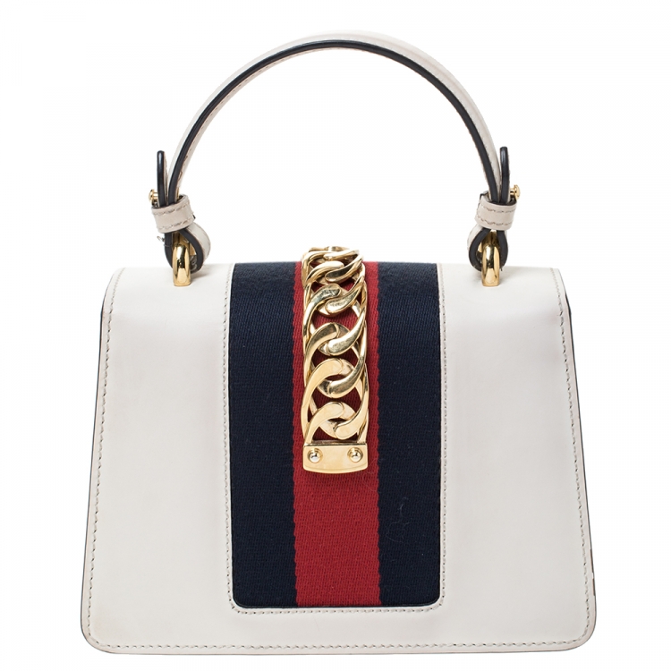 Pre Owned Gucci Ivory Leather Mini Sylvie Top Handle Bag