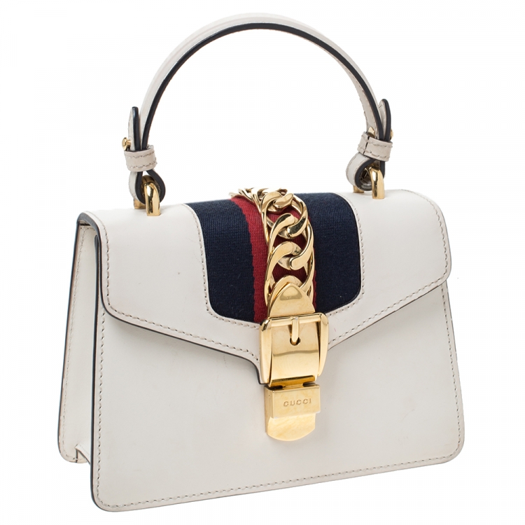 Pre Owned Gucci Ivory Leather Mini Sylvie Top Handle Bag